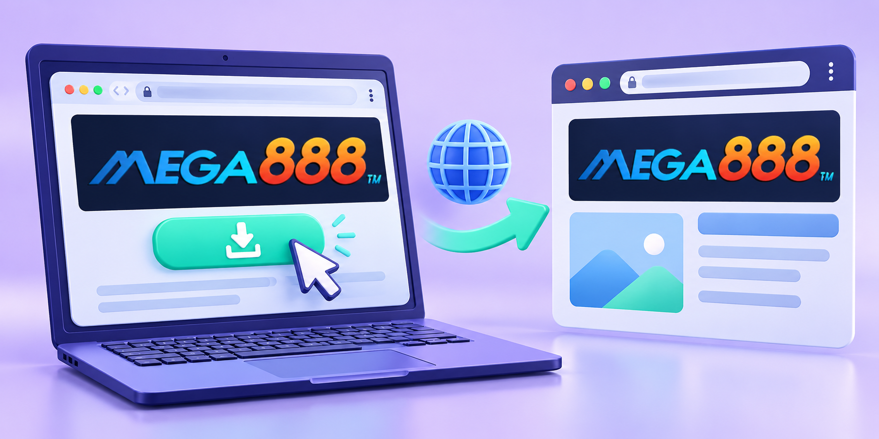 Halaman pelayar Mega888 yang menunjukkan pautan membuka halaman web
