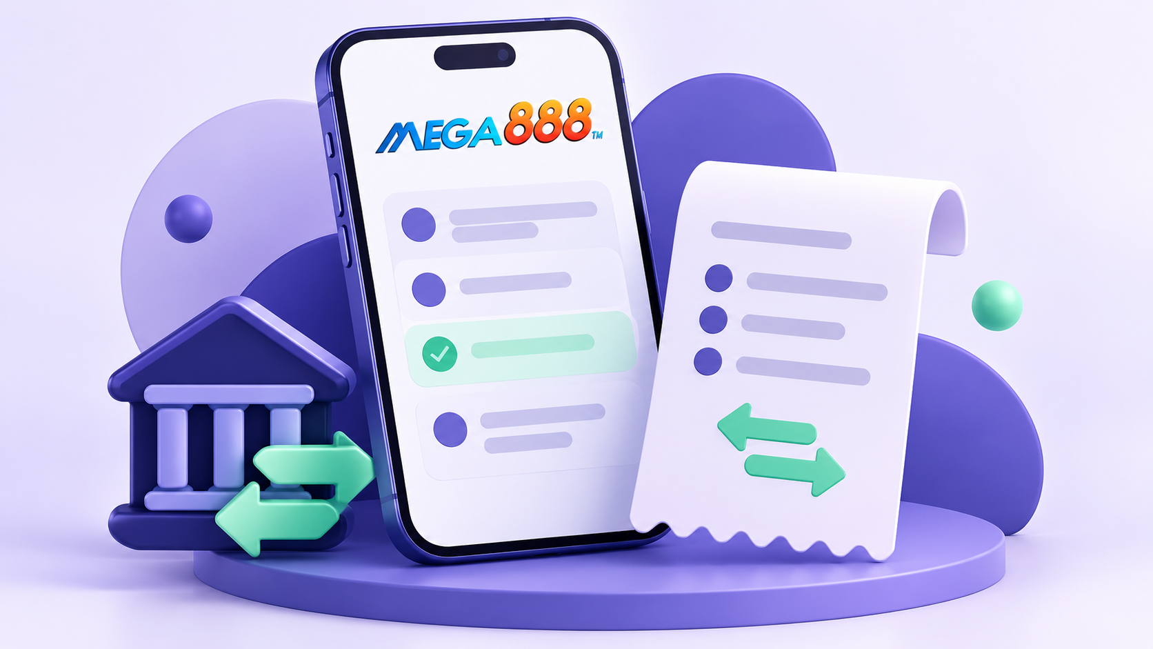 Telefon Mega888 di sebelah resit pembayaran dan simbol pindahan