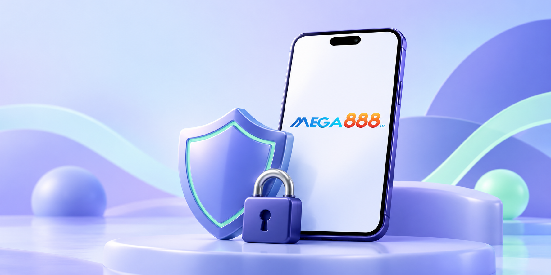 Telefon Mega888 di sebelah perisai dan mangga sebagai ilustrasi privasi