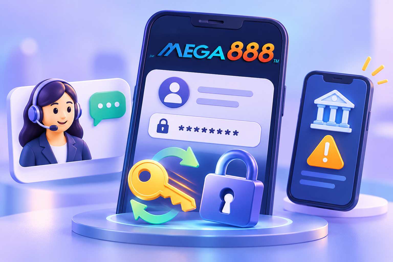 Pemulihan kata laluan Mega888 diilustrasikan dengan kunci dan hubungan sokongan biasa