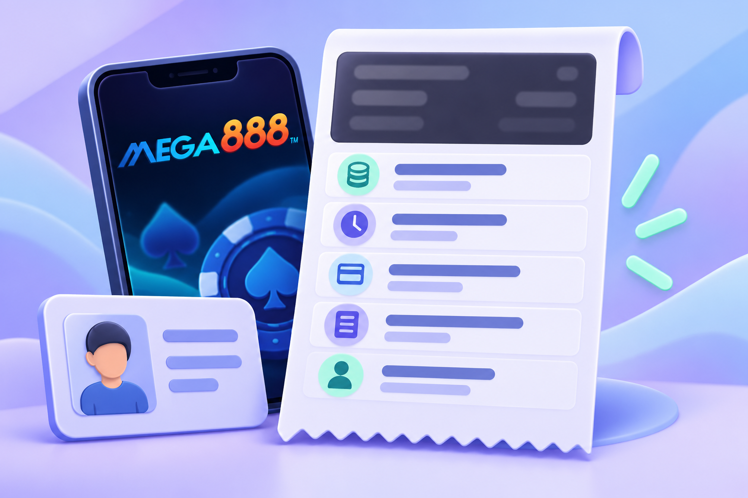 Telefon Mega888 dan resit dengan butiran berkaitan kelihatan serta maklumat tidak berkaitan ditutup