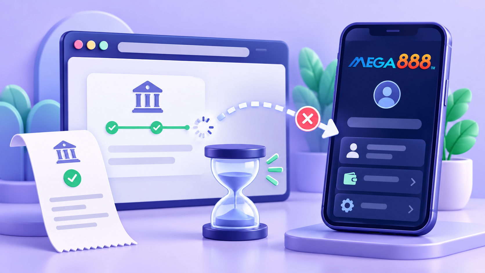 Panel akaun Mega888 di sebelah pembayaran FPX yang terganggu dan resit bank